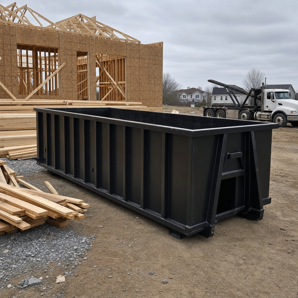 Matte-black 40-yard roll-off dumpster staged on a framed-out residential construction site in Halfmoon Bay, framing lumber stacked nearby, hooklift delivery truck visible in the background under bright Colorado daylight