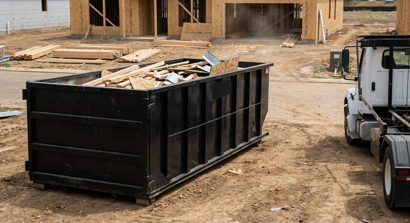 Matte-black 20-yard roll-off construction dumpster with heavy ribbed steel sidewalls and swing rear doors at a working jobsite in Halfmoon Bay, sitting directly on compacted dirt with an unmarked white hauler partially visible at the far edge of the frame.