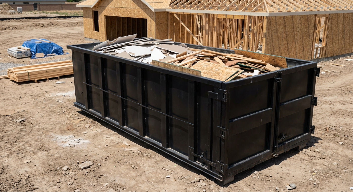 Matte-black 30-yard roll-off construction dumpster sitting directly on the compacted-dirt site of a framed single-family home build in Halfmoon Bay, drywall and lumber scrap loaded inside.