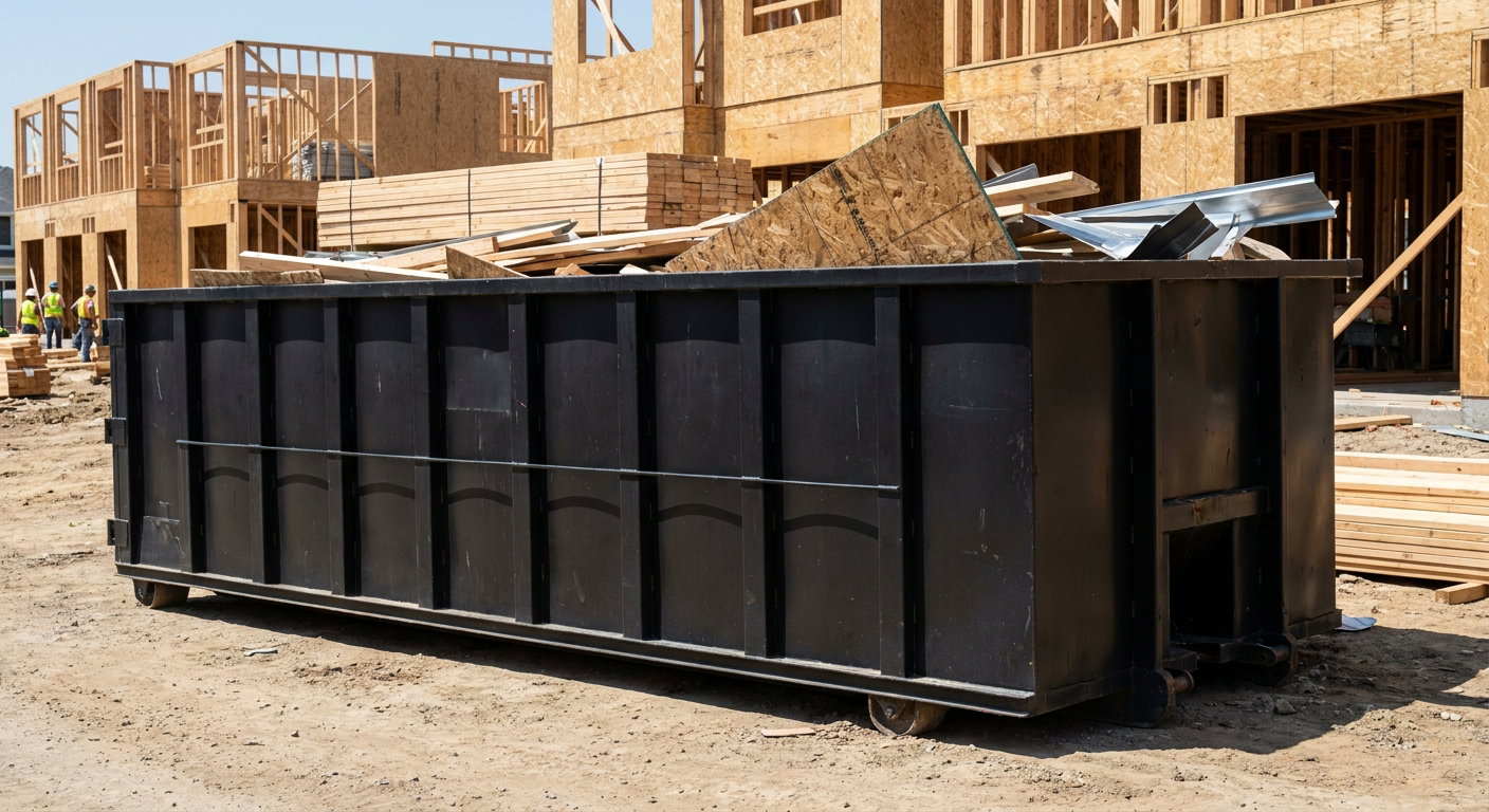 Matte-black 40-yard roll-off construction dumpster being lowered from a white-cab hooklift delivery truck onto the compacted-dirt jobsite at a commercial build site in Halfmoon Bay