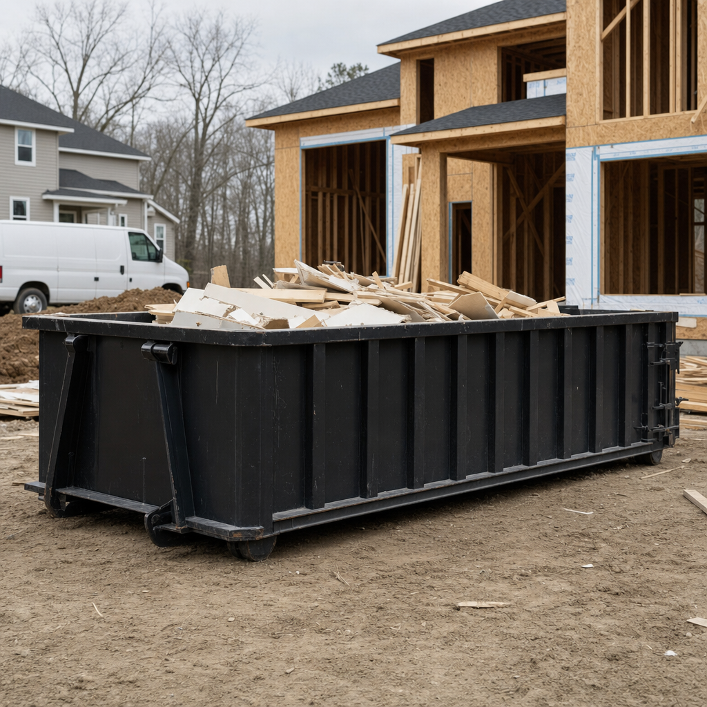 Worker in a yellow high-visibility vest tossing framing lumber and broken drywall into a matte-black 30-yard construction roll-off dumpster on an active build site in Halfmoon Bay, bright daylight