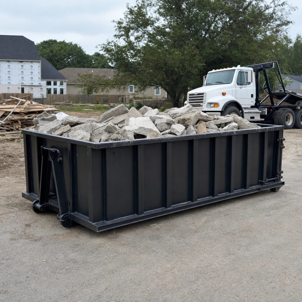Low-profile matte-black lowboy roll-off dumpster loaded with broken concrete slab and rebar at a foundation tear-out in Halfmoon Bay, skid steer parked beside it, sunny Colorado morning