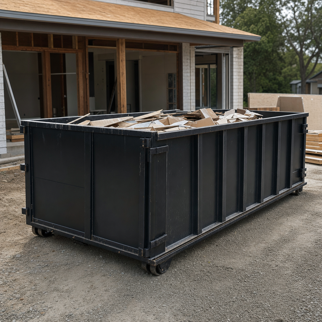 Large matte-black 30-yard construction roll-off dumpster at an active Halfmoon Bay jobsite, steel-gray top rails and bottom rollers visible, loaded with construction debris.