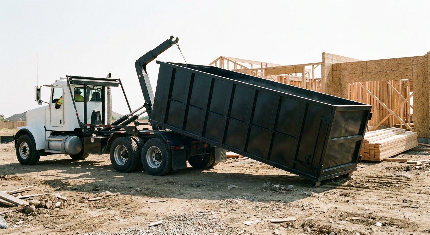 Matte-black roll-off dumpster being delivered onto a clean residential concrete driveway in Halfmoon Bay by an unmarked white hooklift hauler truck, bright morning daylight, documentary 35mm perspective.