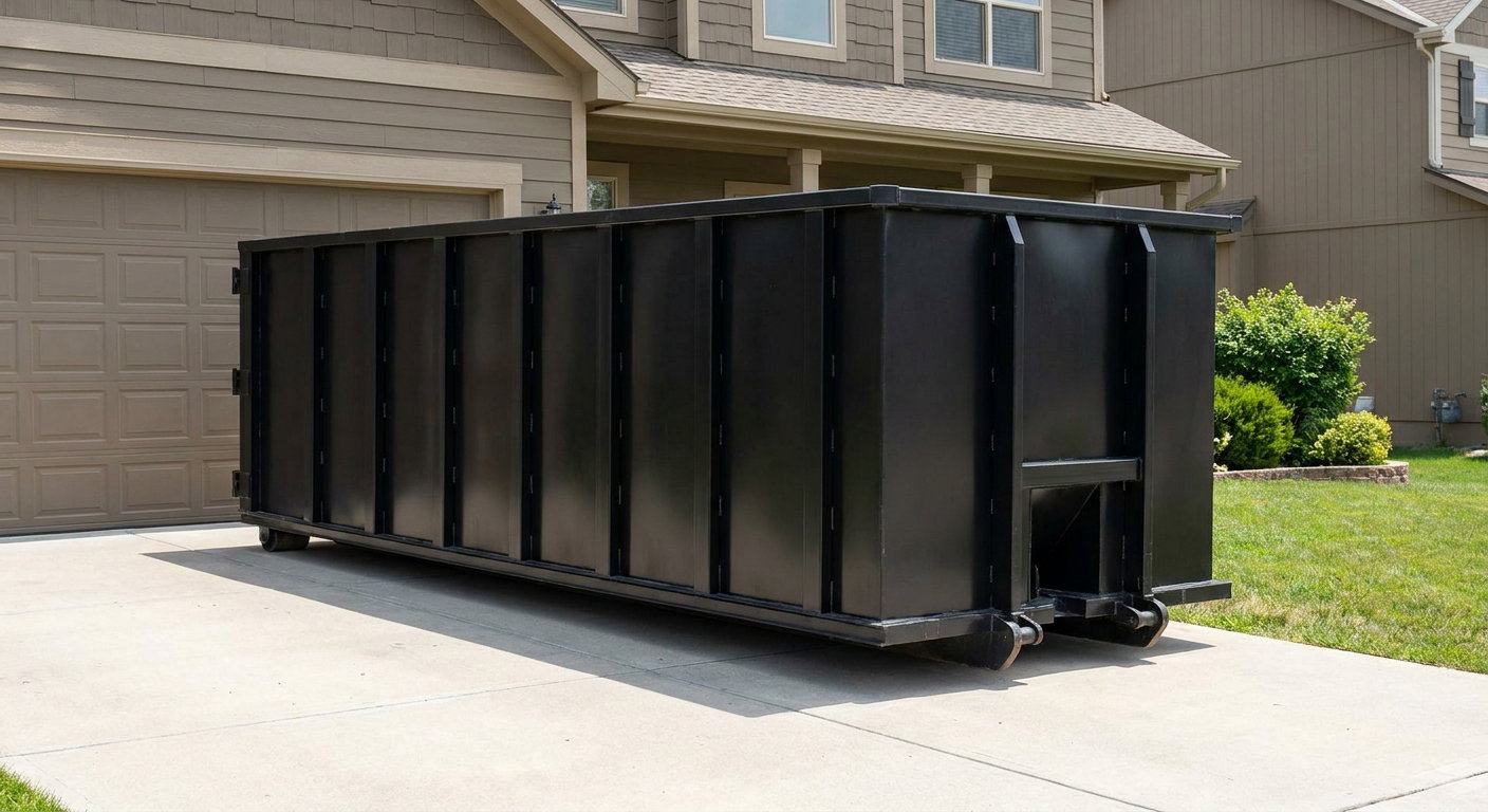 Matte-black residential roll-off dumpster sitting directly on a suburban Halfmoon Bay concrete driveway, garage door closed, single-family home in background, bright morning daylight.