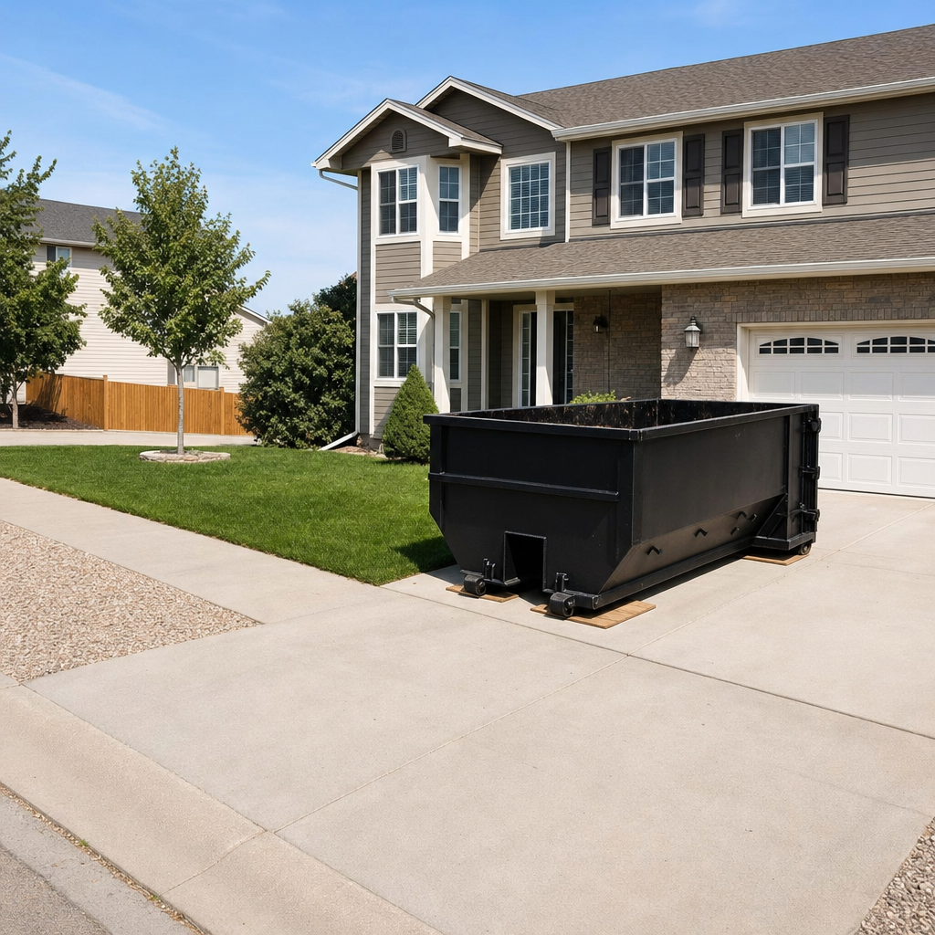 10-yard matte-black residential dumpster placed directly on a narrow Halfmoon Bay concrete driveway, room remains for a parked sedan beside it, mid-morning natural light