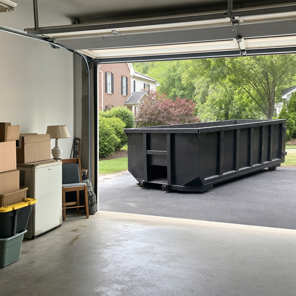 Open garage interior in a Halfmoon Bay home mid-cleanout — boxed items, an old appliance, and stacked yard tools queued near the driveway for a matte-black roll-off dumpster, organized and calm