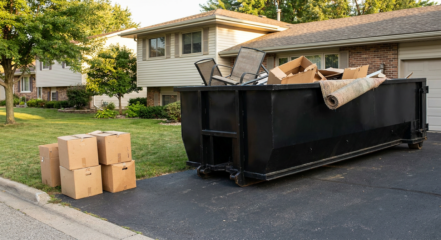Front-yard view of a Halfmoon Bay split-level home with a 20-yard matte-black roll-off dumpster sitting directly on the asphalt driveway, a few clearly labeled donation boxes staged at the curb, calm sunny afternoon.