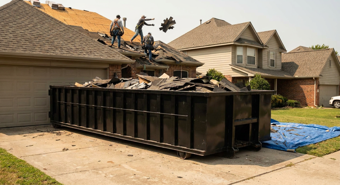 Matte-black roofing roll-off dumpster placed directly on a Halfmoon Bay residential concrete driveway, a tear-off crew on a two-story asphalt-shingle roof tossing shingle bundles into the low-walled container, bright daylight, documentary 35mm perspective.