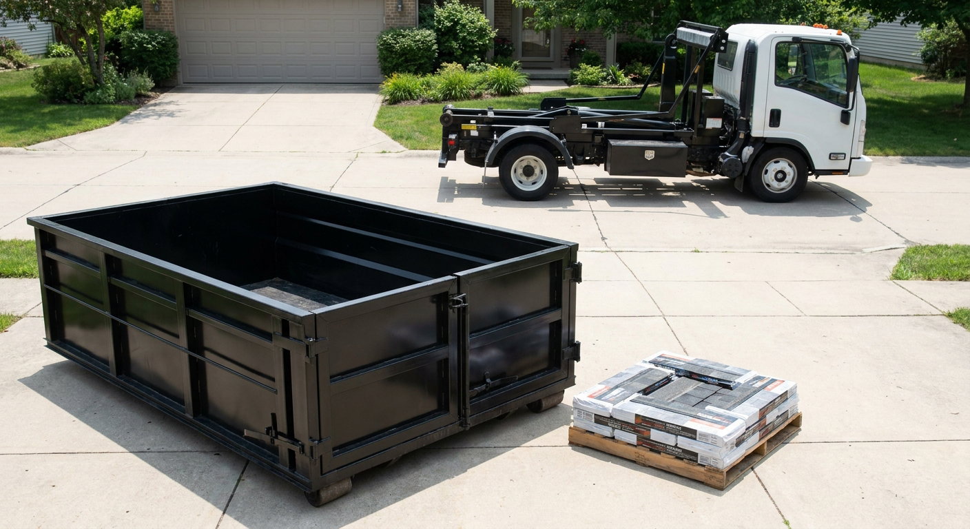 Matte-black 15-yard roofing roll-off dumpster with reinforced low side walls sitting directly on a Halfmoon Bay residential concrete driveway, three-tab asphalt shingle bundles stacked nearby, an unmarked white hauler truck partially visible at the edge of the frame.