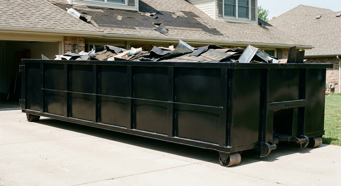 Matte-black 20-yard roofing roll-off dumpster with steel ribbed sides and swinging rear door, sitting directly on the concrete driveway of a two-story Halfmoon Bay home, asphalt shingle debris being loaded over the low wall, clean documentary lighting.