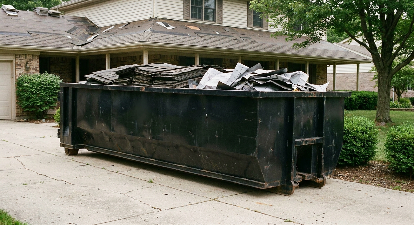 Matte-black 30-yard roofing roll-off dumpster sitting directly on a Halfmoon Bay concrete driveway, taller ribbed steel side panels, mixed tear-off debris of asphalt shingles and underlayment inside, professional documentary daylight.