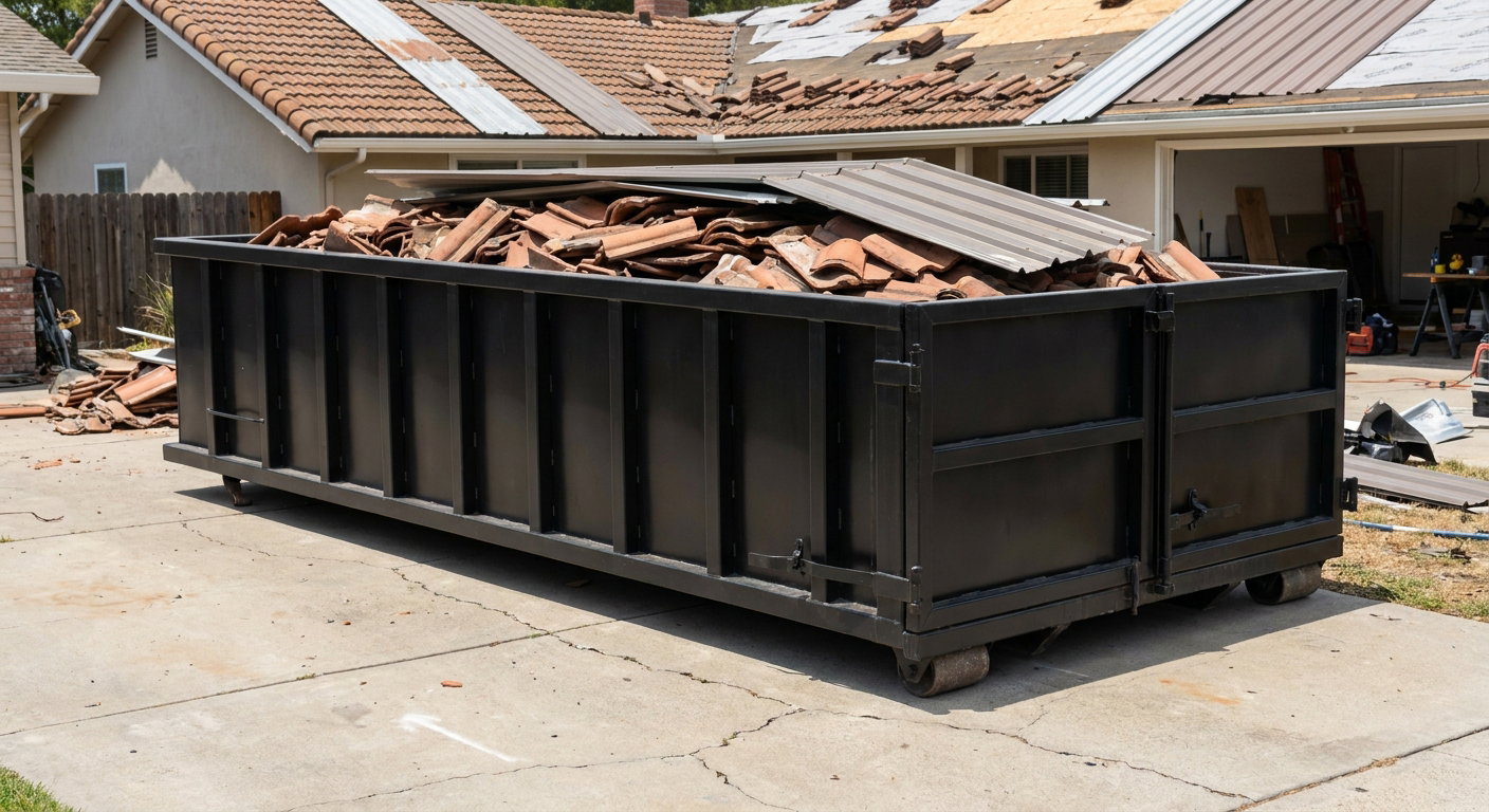 Matte-black low-wall heavy-debris roofing roll-off dumpster sitting directly on a Halfmoon Bay concrete driveway, broken concrete clay roof tiles and metal panel sections loaded inside, reinforced ribbed steel side walls visible, bright outdoor daylight.