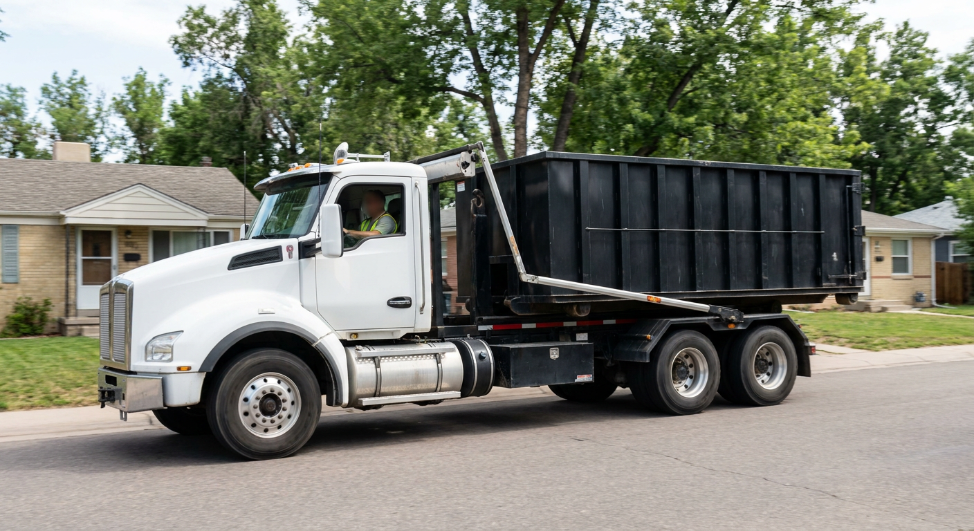 A wide documentary shot of a matte-black roll-off delivery truck pulling onto a quiet Halfmoon Bay residential street at mid-morning, with neighborhood rooftops and tree-lined blocks visible behind, showing the metro coverage footprint.