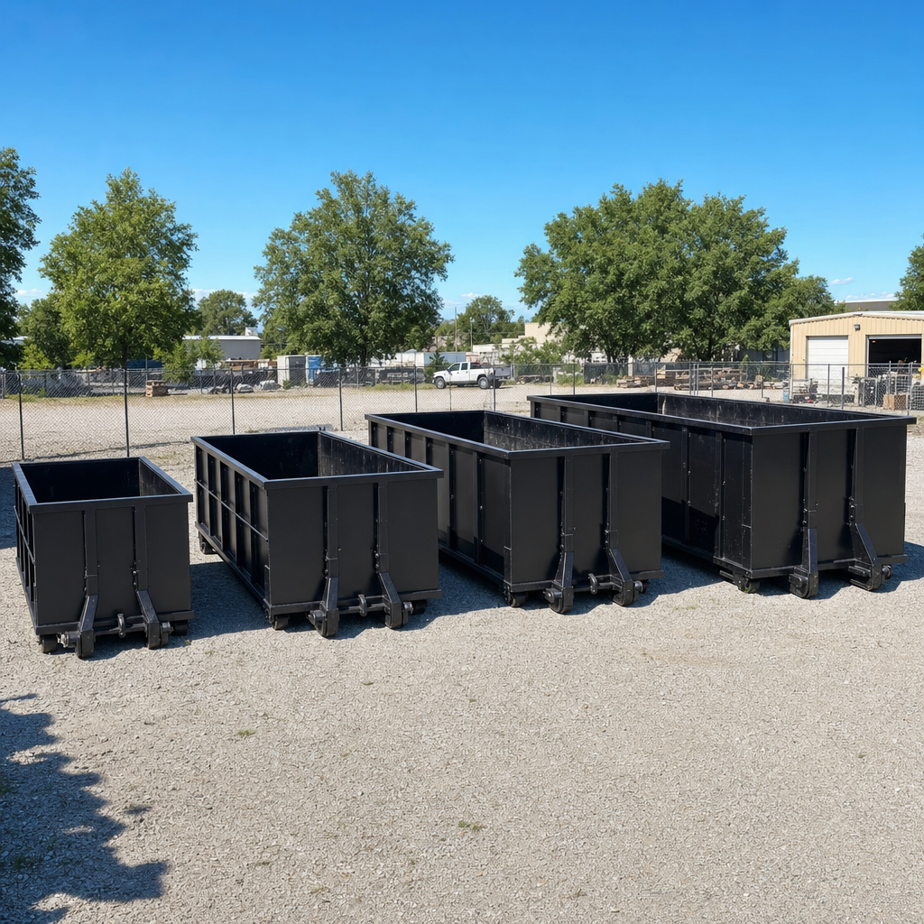 A clean lineup of matte-black roll-off dumpsters in 10, 20, 30, and 40-yard sizes staged on a sunlit gravel yard in Halfmoon Bay, showing the size progression from compact to commercial-scale containers.