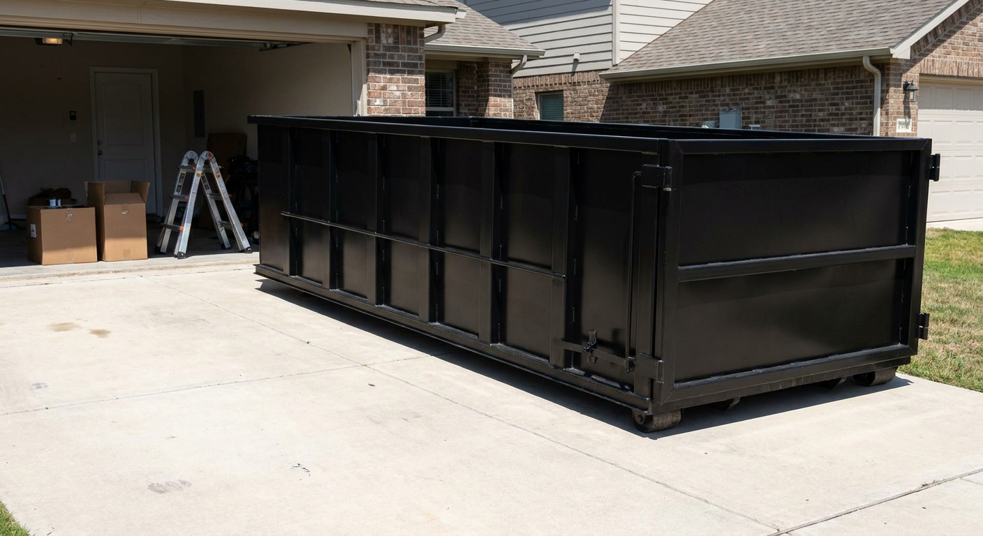 A matte-black 10-yard roll-off dumpster sitting directly on a residential Halfmoon Bay concrete driveway, mid-day sunlight, clean and ready for a garage cleanout.