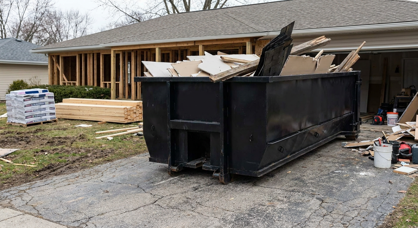 A matte-black 20-yard roll-off dumpster placed alongside a mid-renovation Halfmoon Bay home directly on the asphalt driveway, with framing materials and torn-off shingles staged neatly nearby.