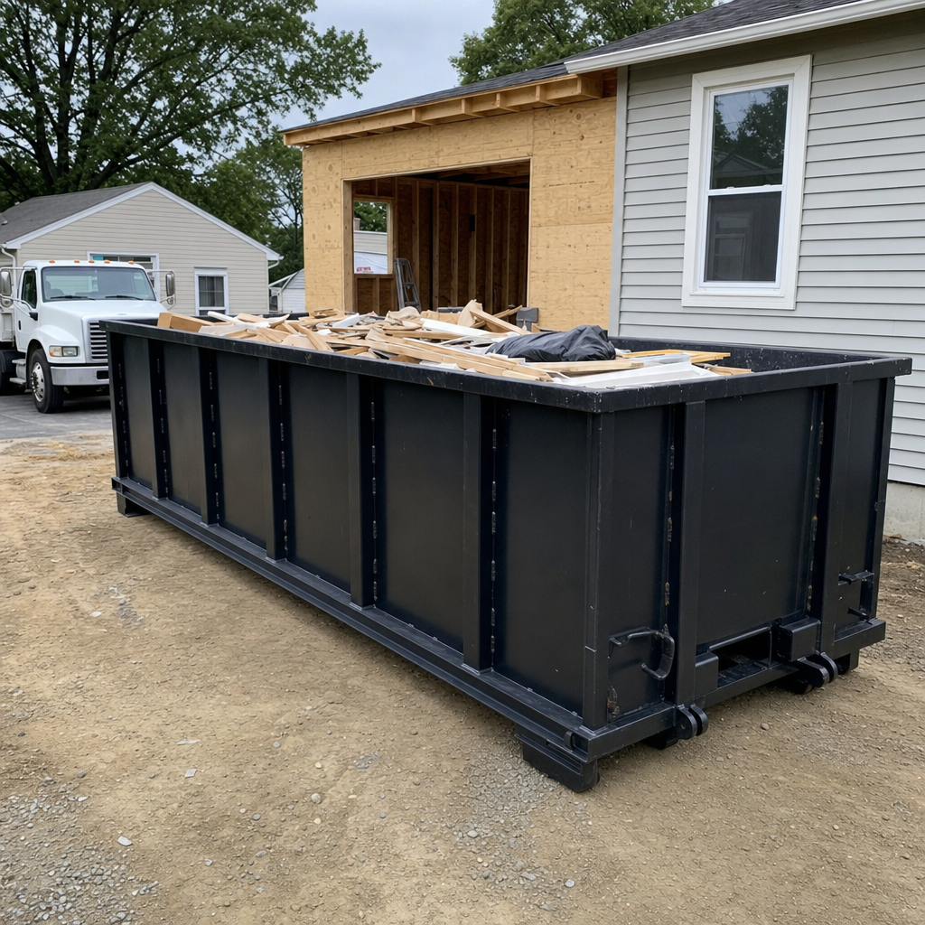 A matte-black 30-yard roll-off dumpster positioned at a Halfmoon Bay residential addition jobsite, with framing lumber and drywall scraps loaded through the open swinging rear doors.