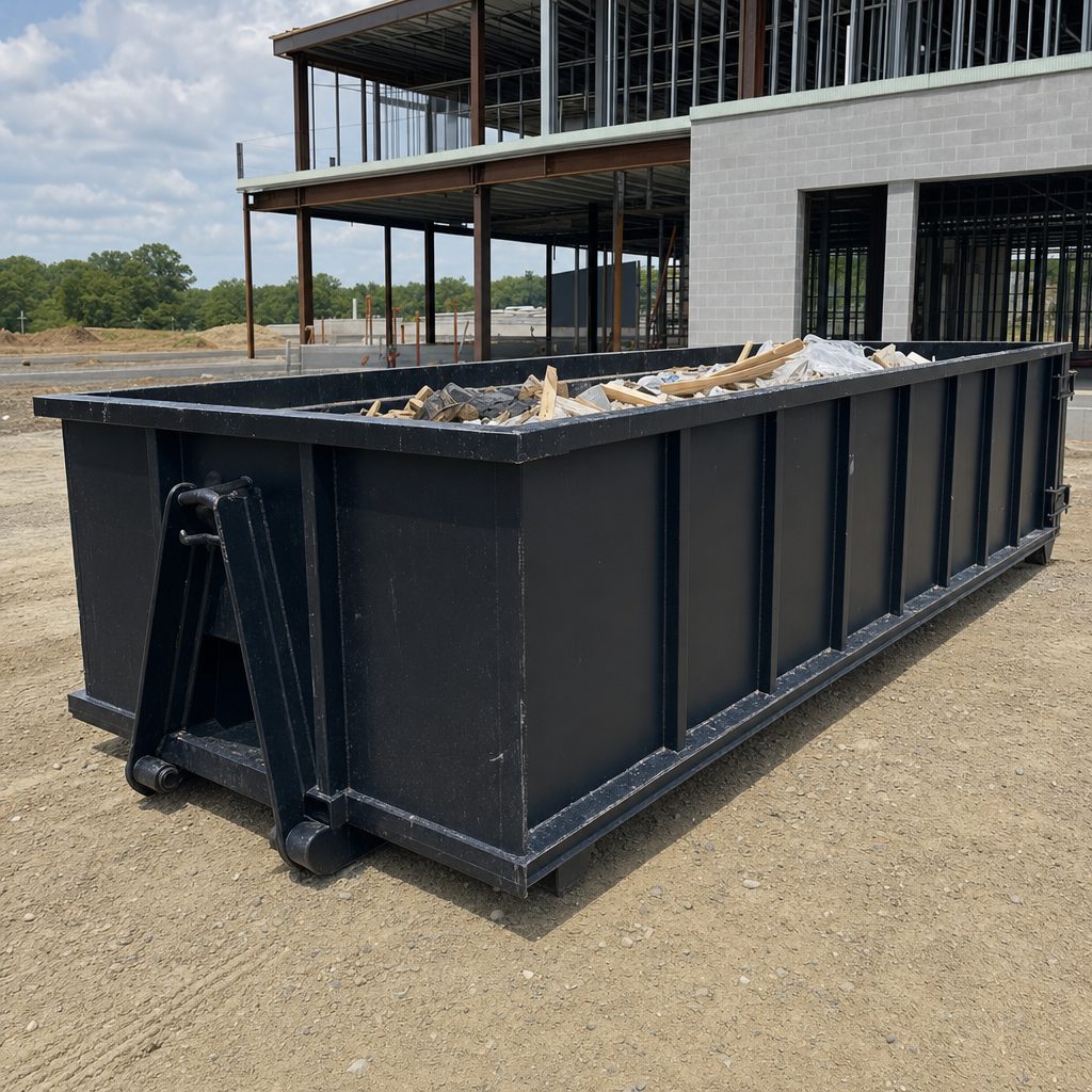 A matte-black 40-yard roll-off dumpster staged on a large Halfmoon Bay commercial construction lot, with a hooklift delivery truck parked alongside under bright midday sky.