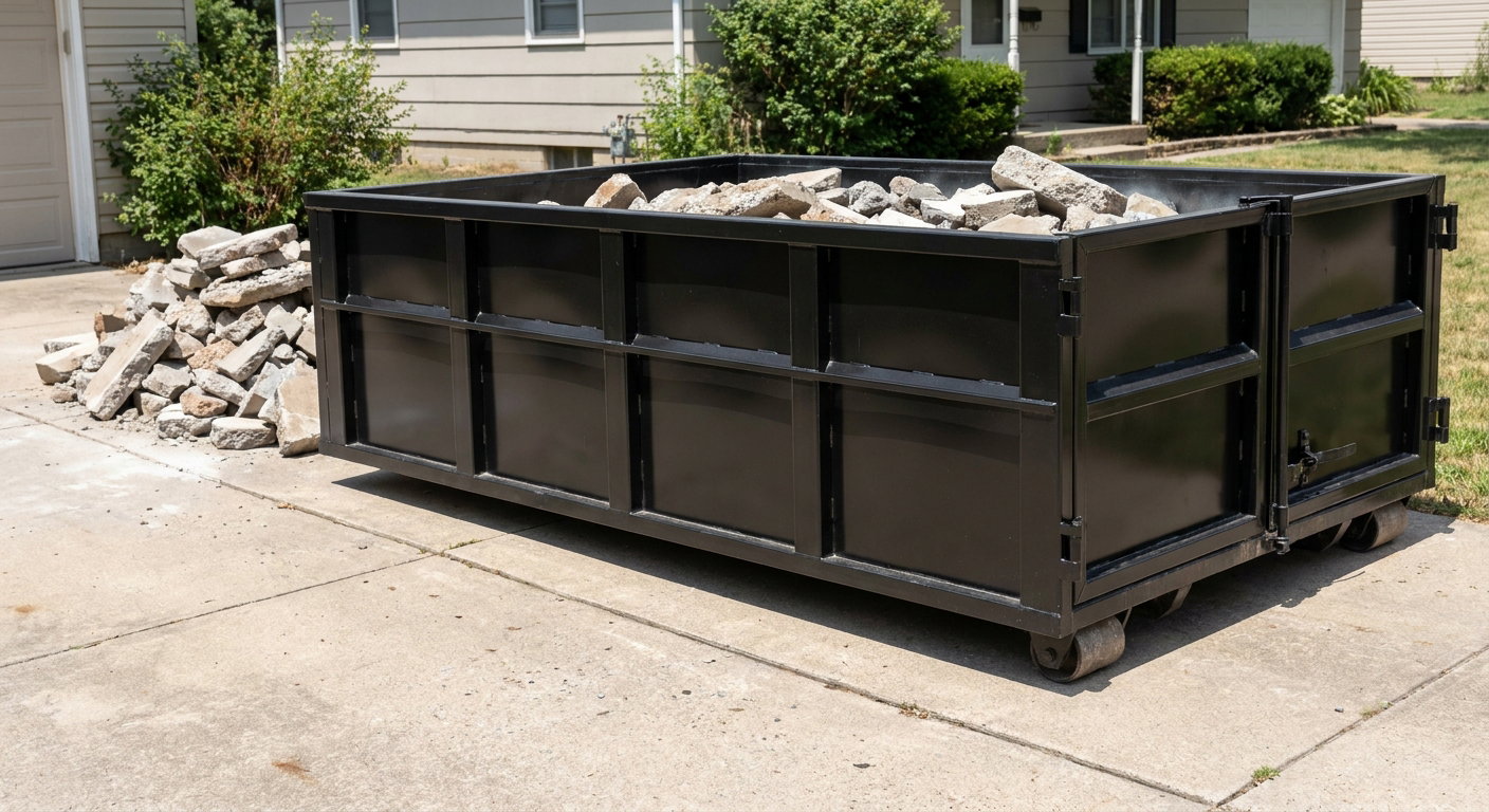 A matte-black low-side heavy-debris roll-off dumpster placed directly on a Halfmoon Bay concrete driveway, with broken concrete chunks neatly stacked beside it under clean daylight.